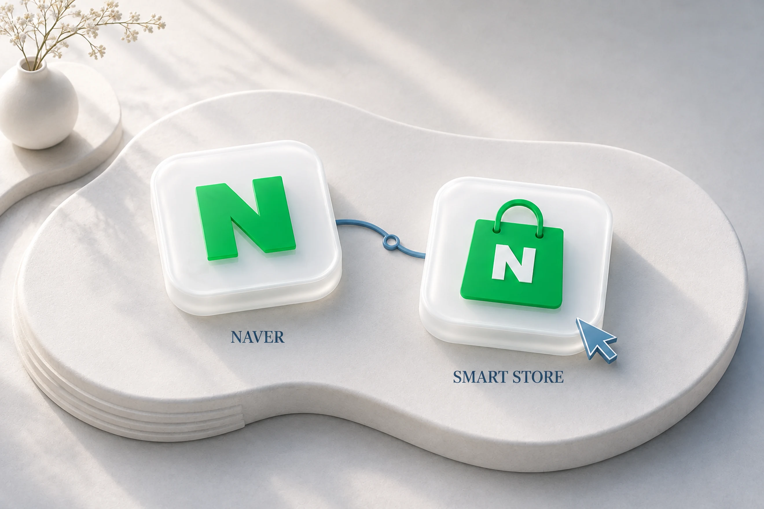 흰 입체 타일 위 녹색 네이버 N과 스마트스토어 쇼핑백, NAVER와 SMART STORE 안내 문구